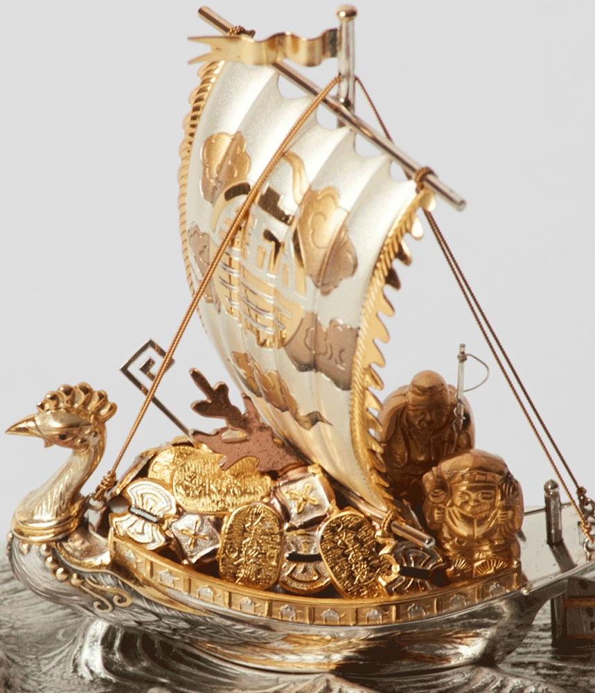 Important Treasure Gift - Hand Made Sterling and Gold Okimono 置物 Ship