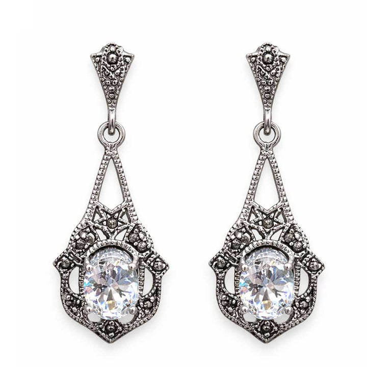 Vintage Style Sterling Silver Marcasite Drop Earrings with Cubic Zirconia – 1.65" Art Deco Earrings