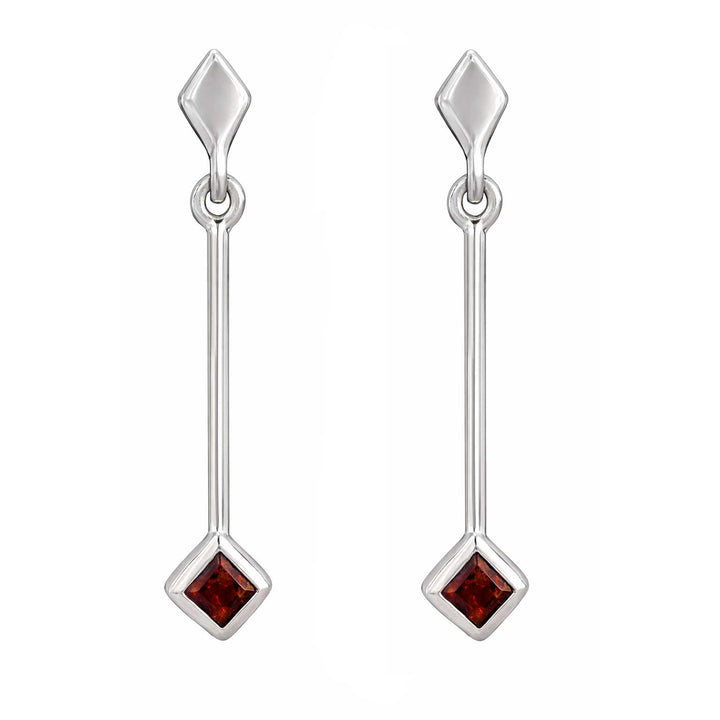 Sterling Silver Garnet Dangle Earrings .925 Silver Square Garnet Drop Earrings Geometric 1.3"
