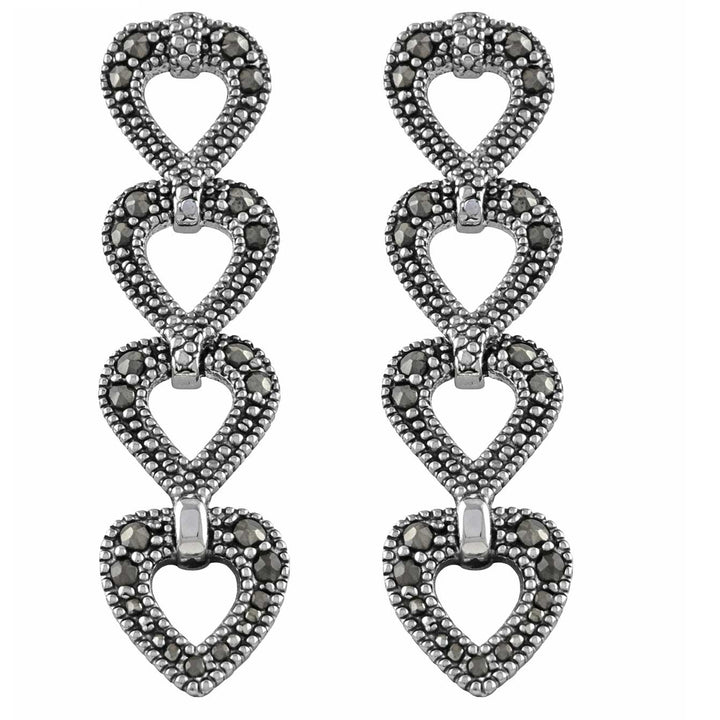 Sterling Silver Marcasite Heart Dangle Post Earrings – 1 1/3" Long