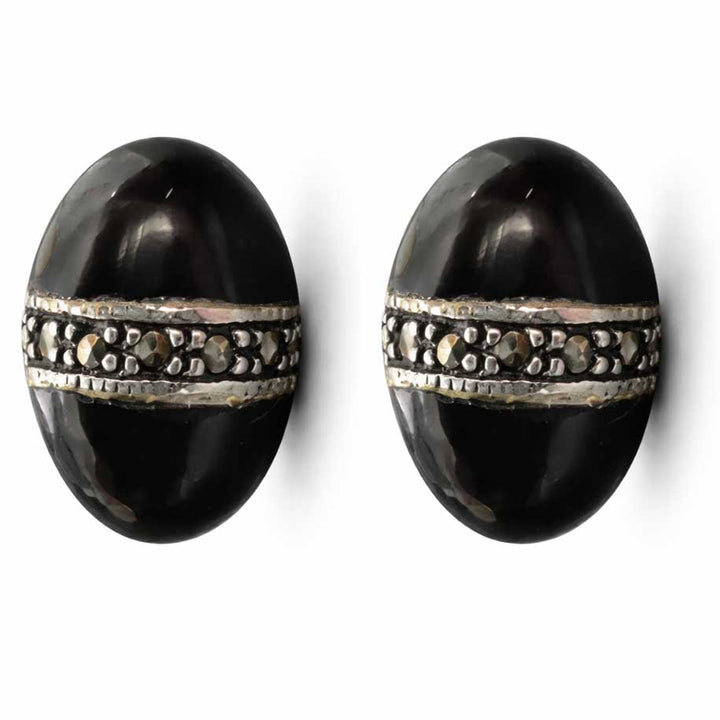 Black Onyx & Marcasite Sterling Silver Stud Earrings – 0.65" Oval