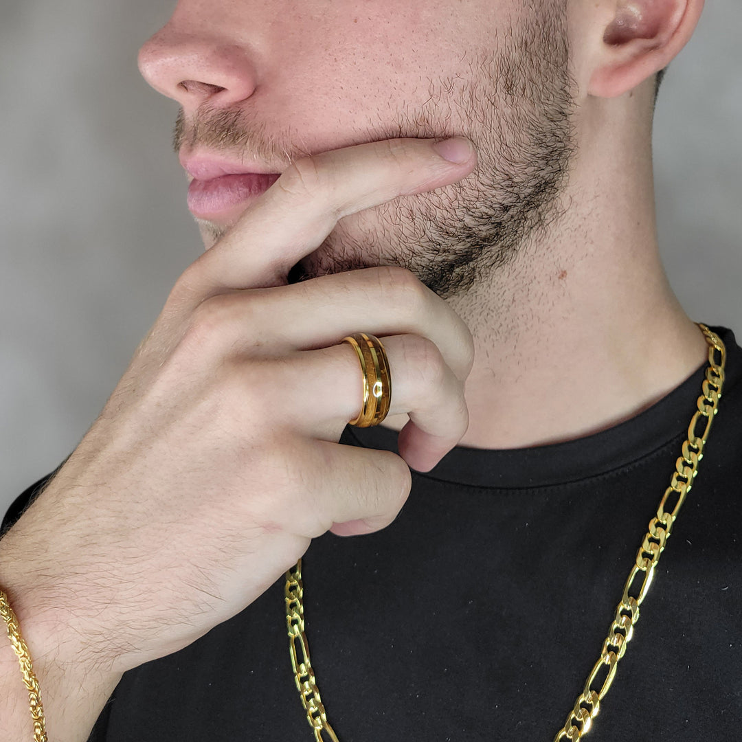 14K Yellow Gold and Tungsten Whisky Barrel Wood Inlay Ring