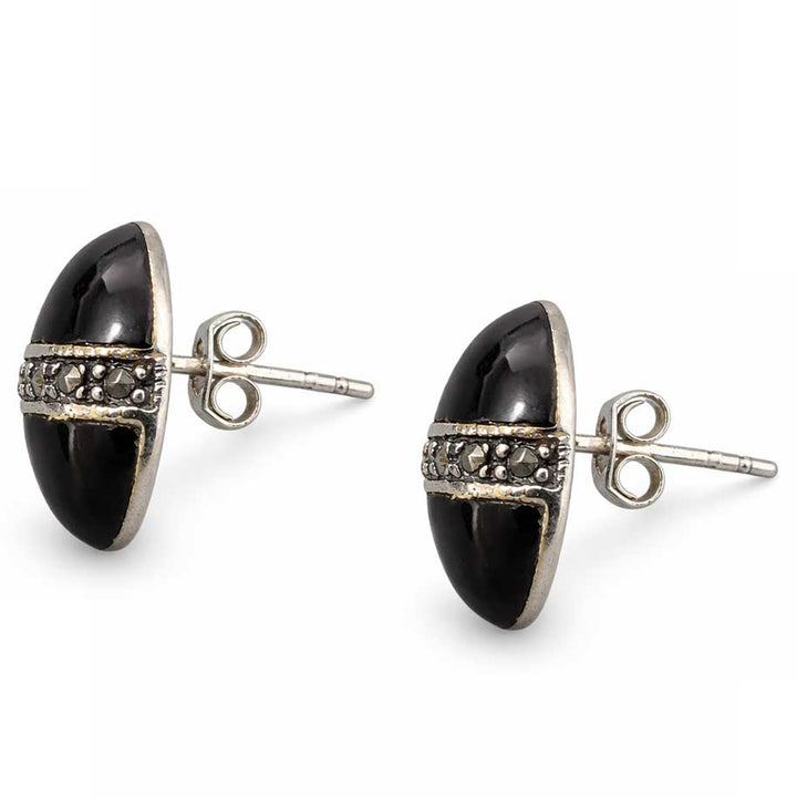 Black Onyx & Marcasite Sterling Silver Stud Earrings – 0.65" Oval
