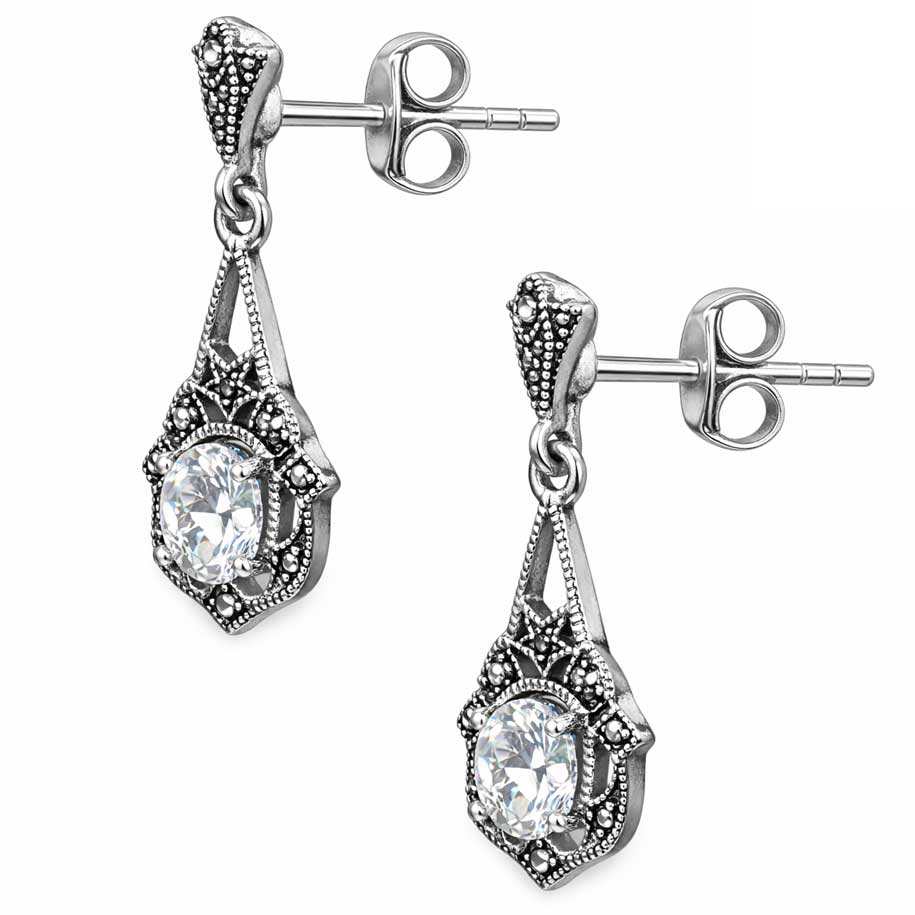 Vintage Style Sterling Silver Marcasite Drop Earrings with Cubic Zirconia – 1.65" Art Deco Earrings