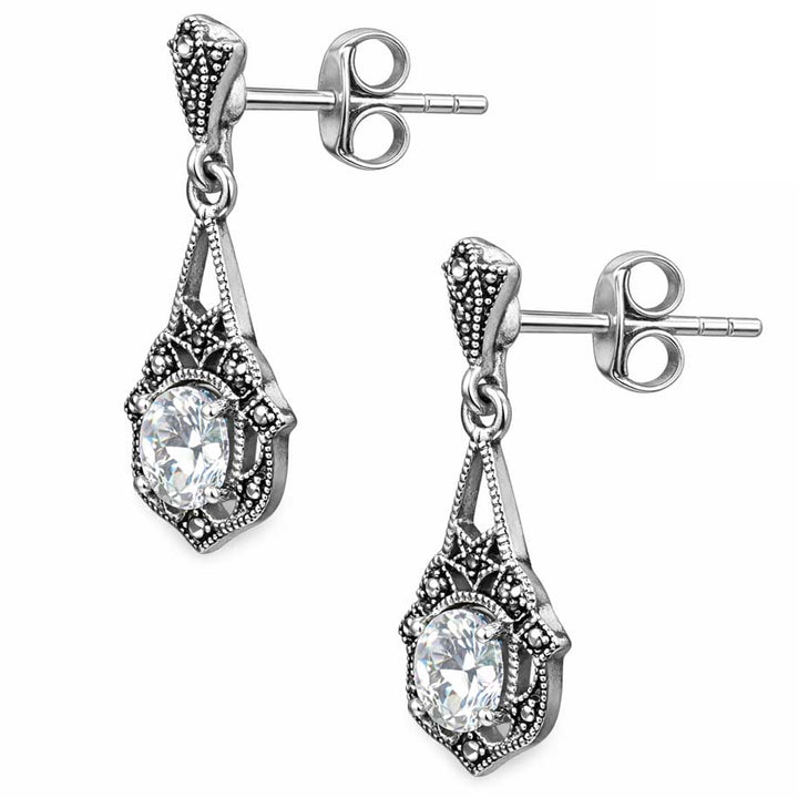 Vintage Style Sterling Silver Marcasite Drop Earrings with Cubic Zirconia – 1.65" Art Deco Earrings