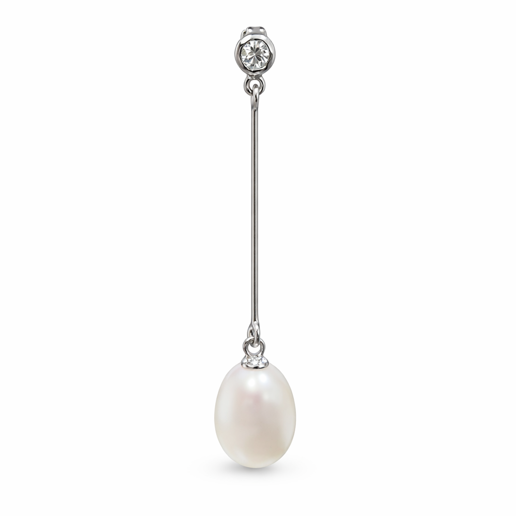 South Sea Drop Pearl Bar Earrings in Sterling Silver with Crystal Accents – 10 mm Pearl