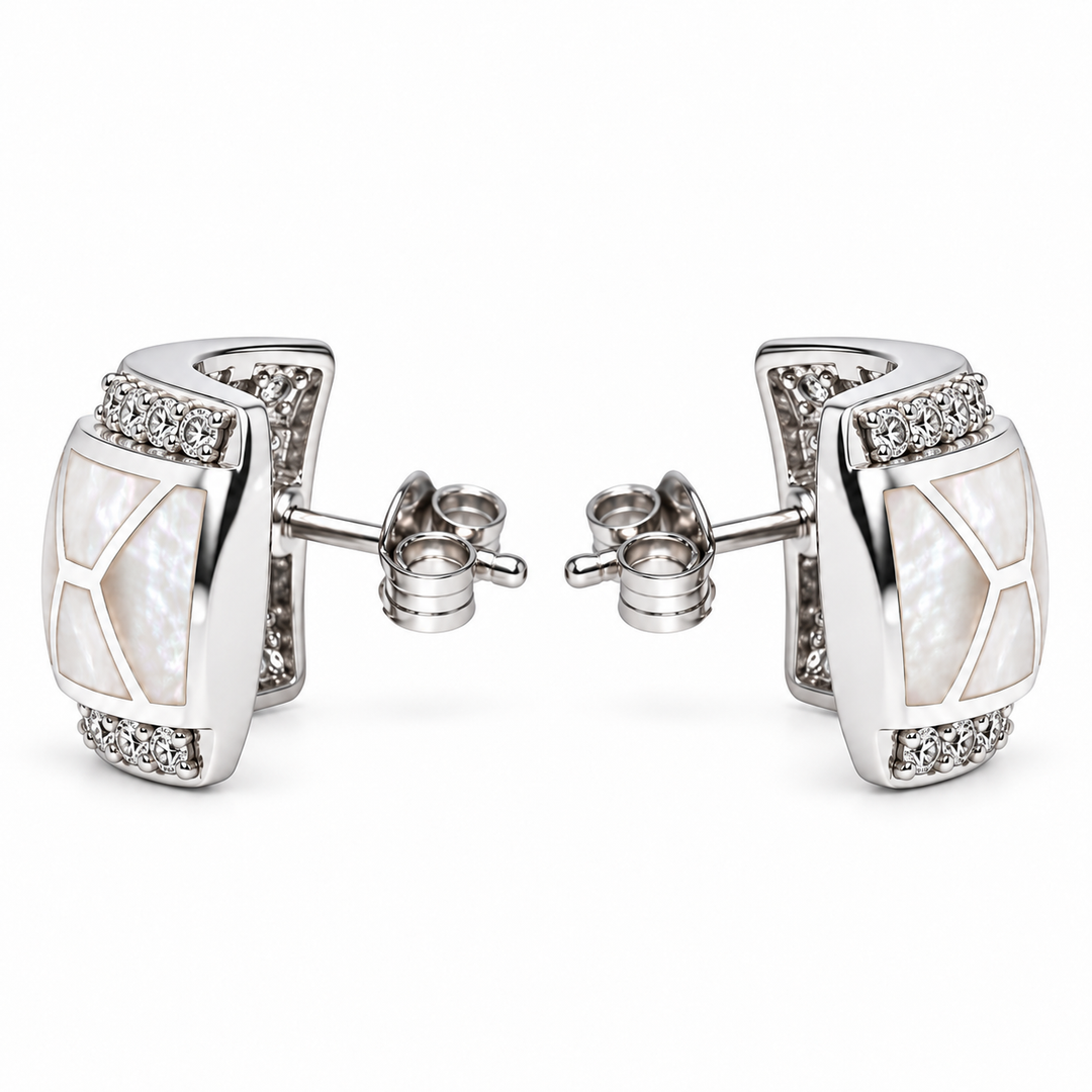 Hand-Cut White Mother of Pearl and Diamond Simulant Rhodium-Plated Sterling Silver Earrings – 0.70 Inch
