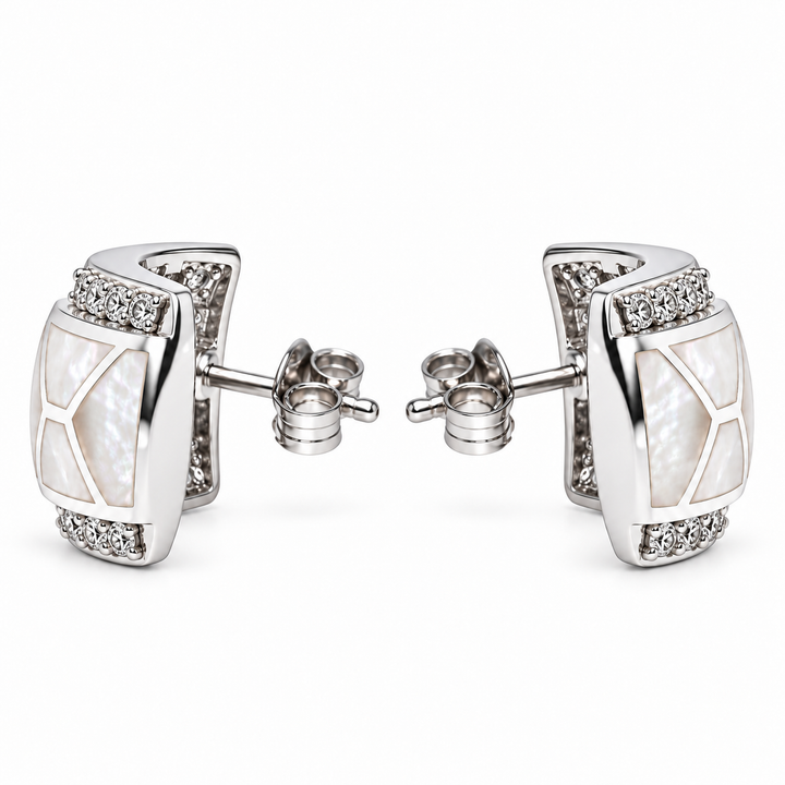 Hand-Cut White Mother of Pearl and Diamond Simulant Rhodium-Plated Sterling Silver Earrings – 0.70 Inch