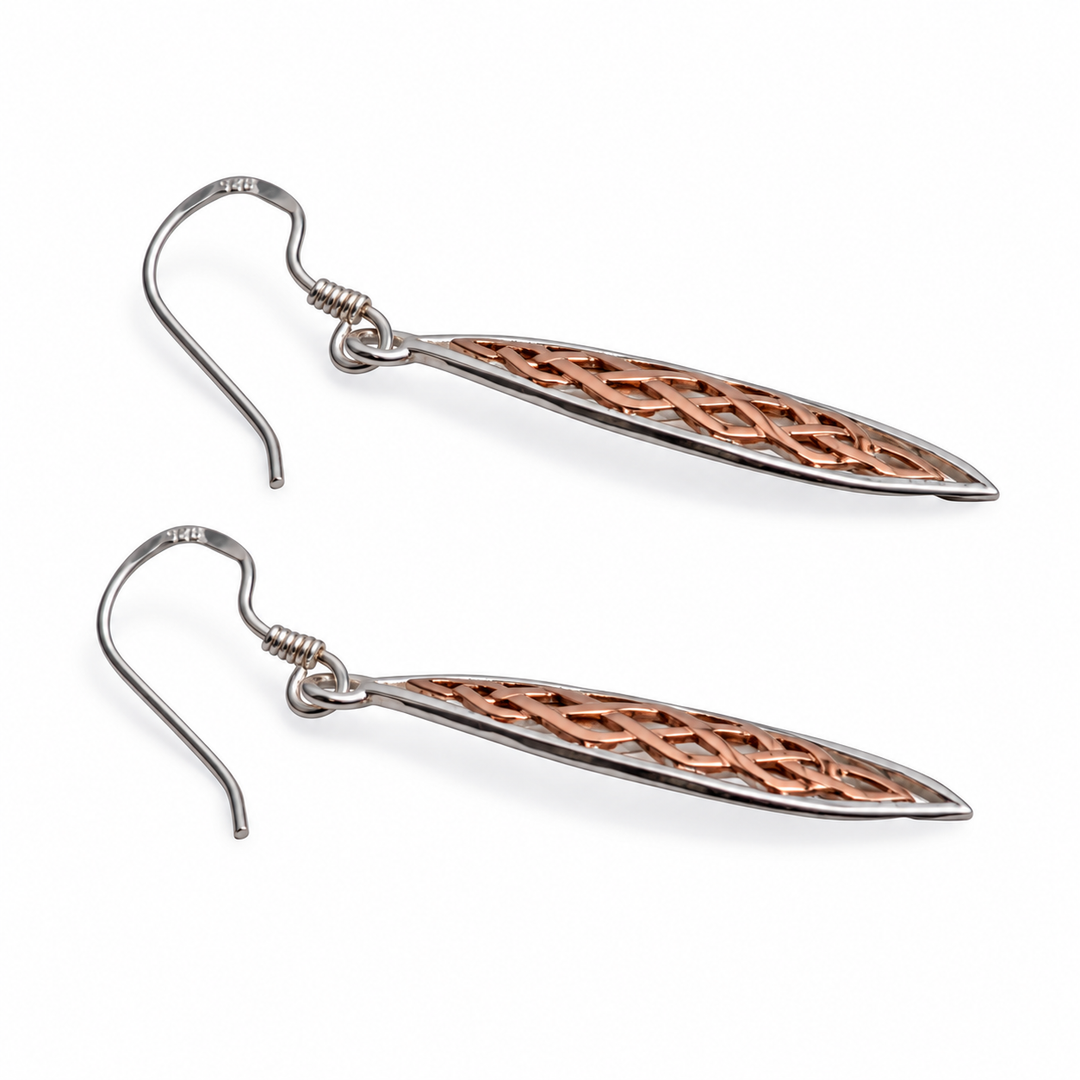 Two-Tone Sterling Silver & 14K Rose Gold Woven Marquise Drop Earrings – 1.68 Inch