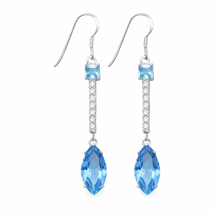 Sterling Silver Sky Blue Topaz Dangle Earrings – 7x14 mm Marquise & 4 mm Round Topaz – 1.75 Inch Drop