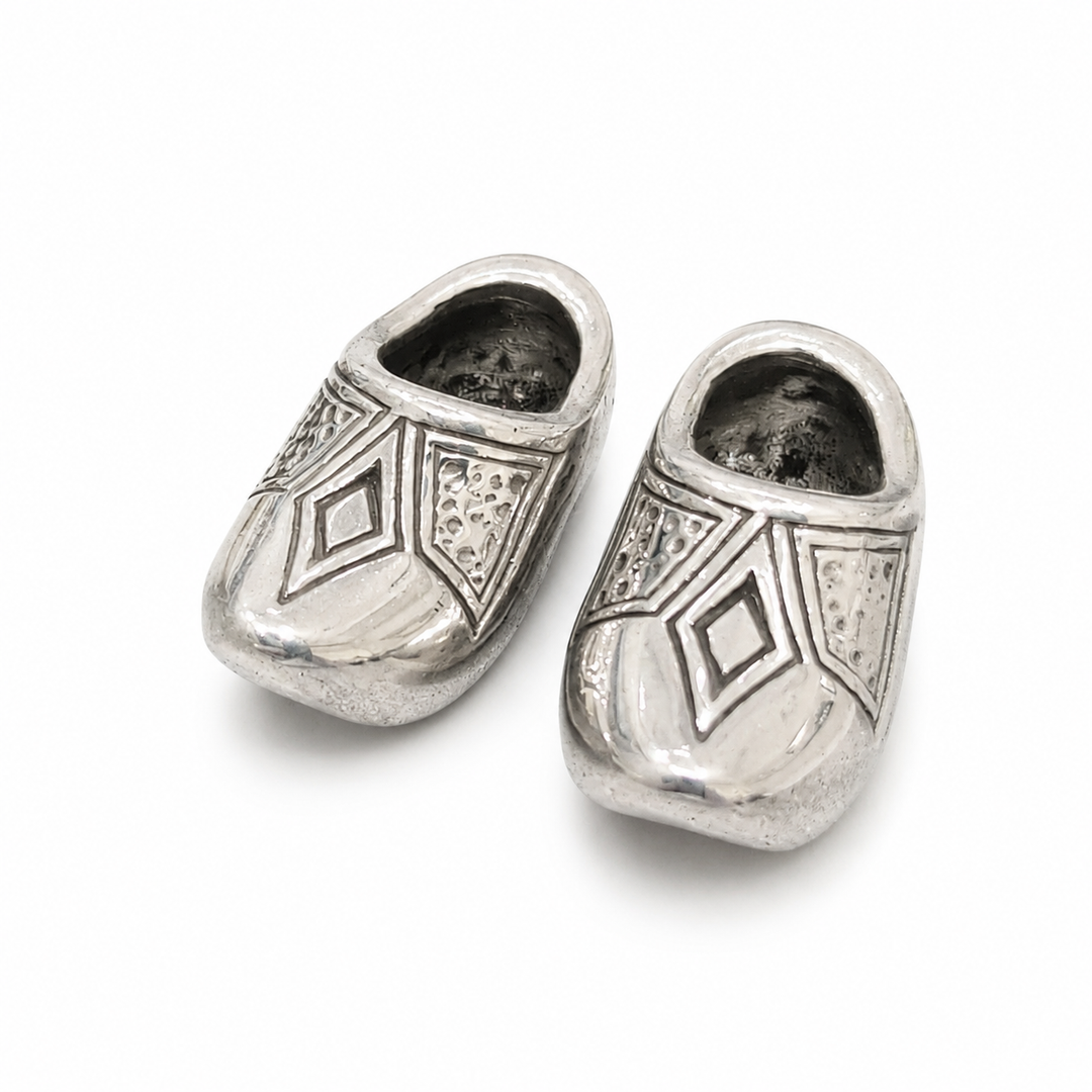 Pair of Sterling Silver Dutch Wooden Clog Shoes – Holland Netherlands Miniatures, 1.1 Inch