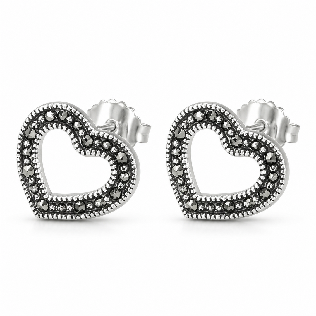 925 Sterling Silver Marcasite Open Heart Stud Earrings – 0.4 Inch Vintage-Style Post Earrings