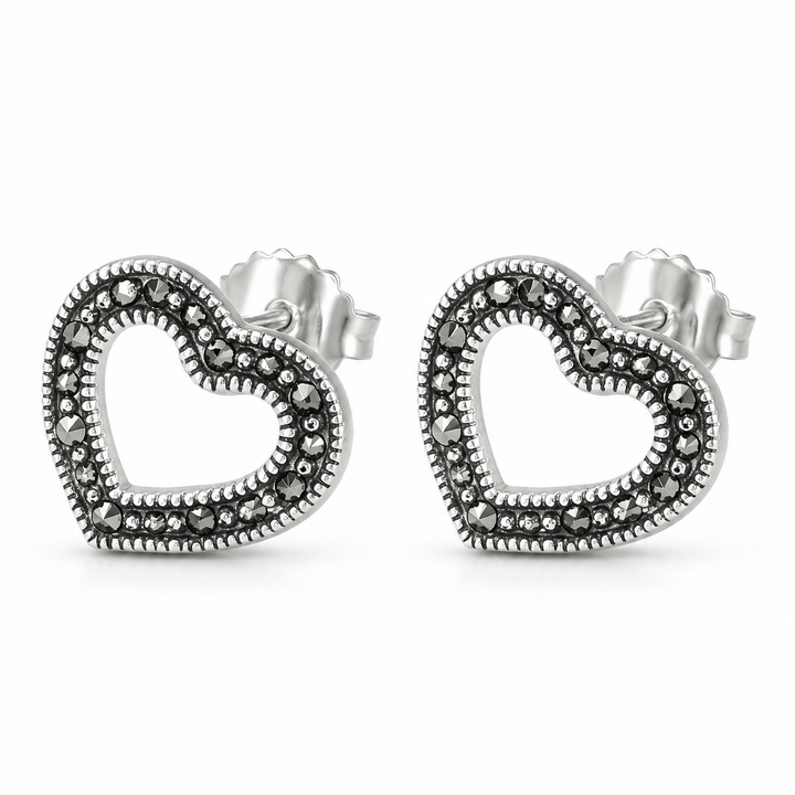 925 Sterling Silver Marcasite Open Heart Stud Earrings – 0.4 Inch Vintage-Style Post Earrings