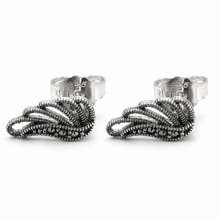 925 Sterling Silver Angel Wing Marcasite Post Earrings – 0.4 Inch Petite Stud Earrings