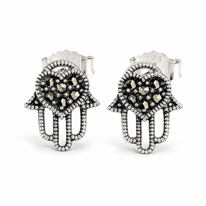 925 Sterling Silver Heart and Hand Marcasite Post Earrings – 0.4 Inch Hamsa Stud Earrings