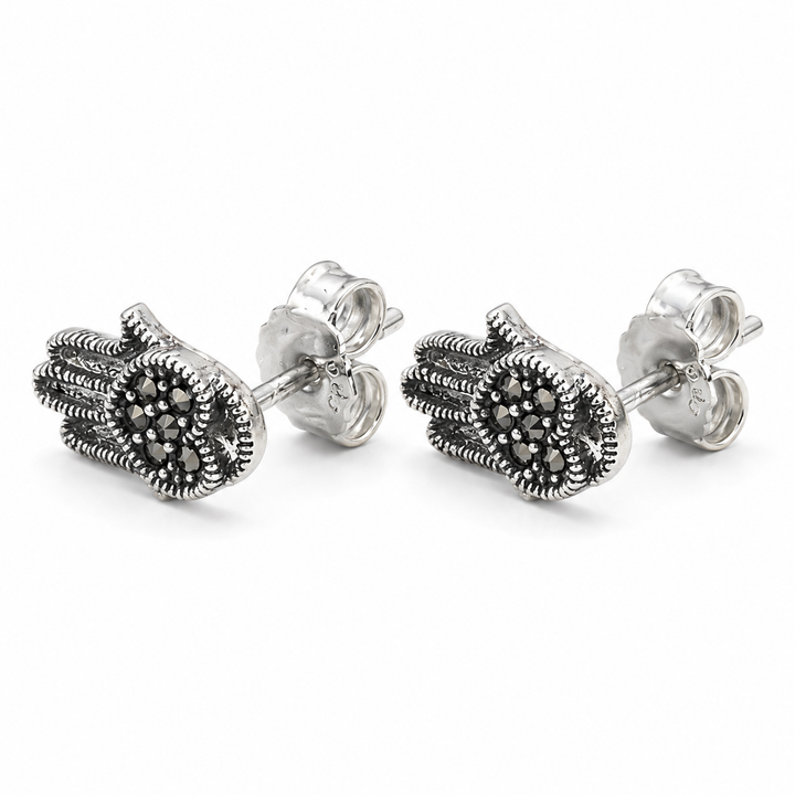 925 Sterling Silver Heart and Hand Marcasite Post Earrings – 0.4 Inch Hamsa Stud Earrings