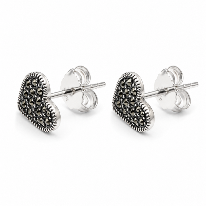 925 Sterling Silver Marcasite Heart Post Earrings – 0.35 Inch Petite Vintage Stud Earrings