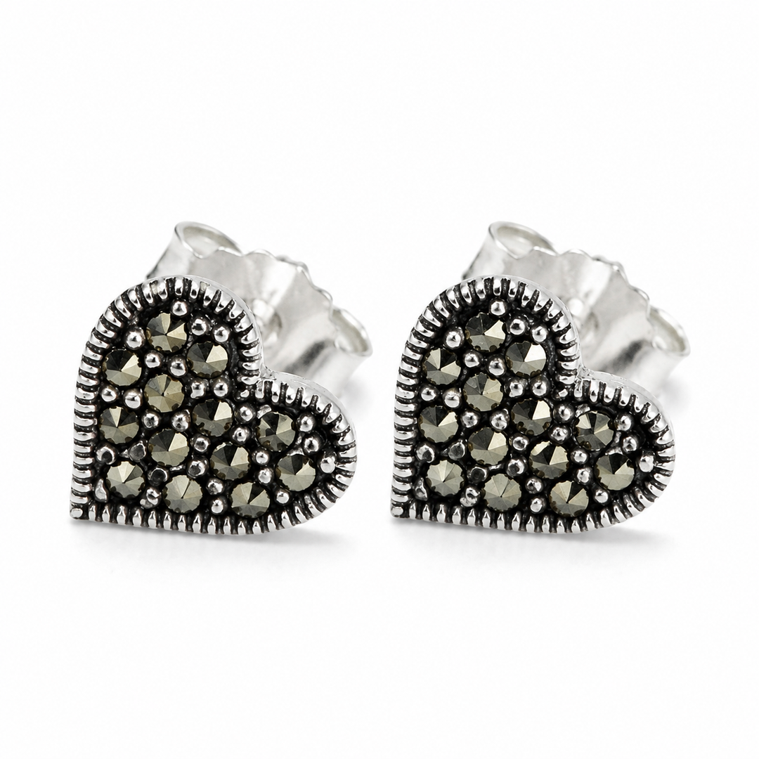 925 Sterling Silver Marcasite Heart Post Earrings – 0.35 Inch Petite Vintage Stud Earrings