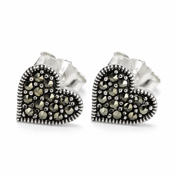 925 Sterling Silver Marcasite Heart Post Earrings – 0.35 Inch Petite Vintage Stud Earrings
