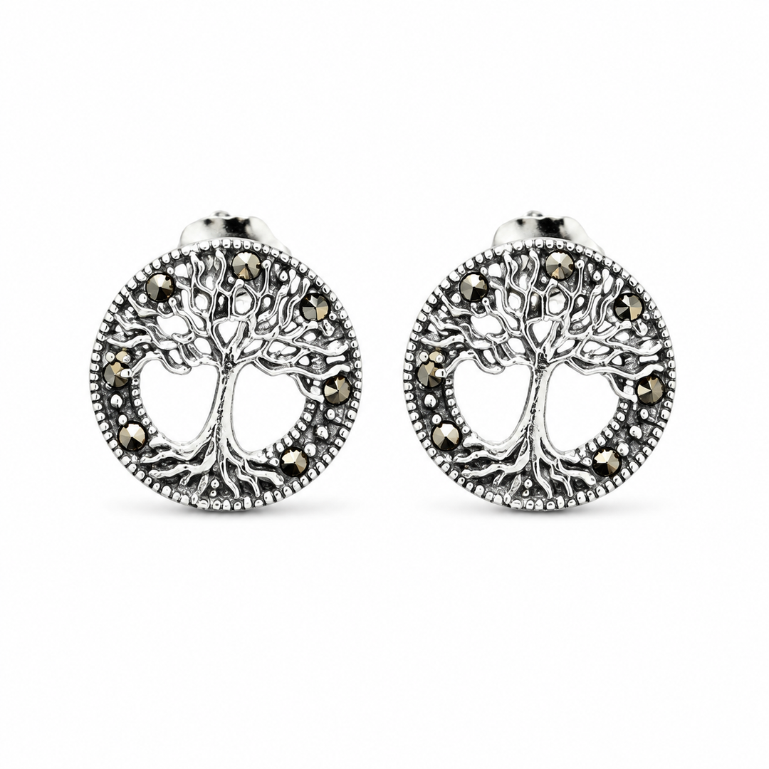 Sterling Silver Marcasite Tree of Life Post Earrings – 0.4 Inch Studs