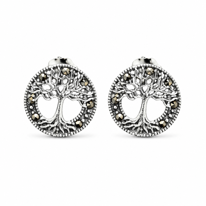 Sterling Silver Marcasite Tree of Life Post Earrings – 0.4 Inch Studs