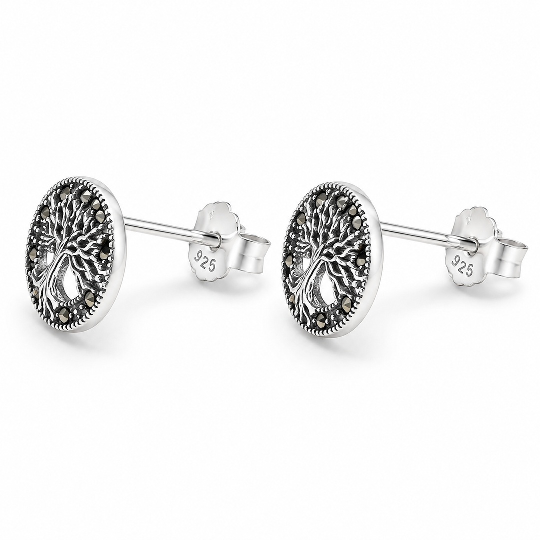 Sterling Silver Marcasite Tree of Life Post Earrings – 0.4 Inch Studs