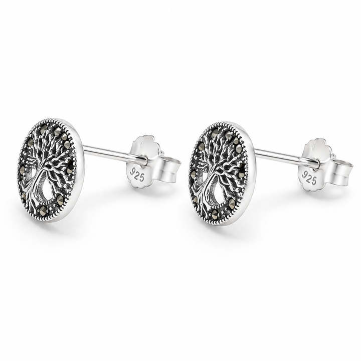 Sterling Silver Marcasite Tree of Life Post Earrings – 0.4 Inch Studs