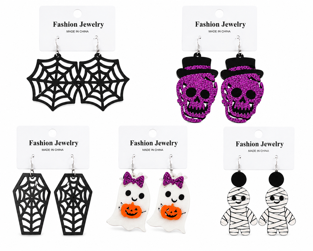 Halloween Dangle Earrings – Ghost, Skull, Mummy & Spider Web Designs, 2"–3" Drop