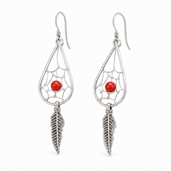 Red Coral Dreamcatcher Sterling Silver Dangle Earrings – 2 Inch Teardrop Feather Earrings