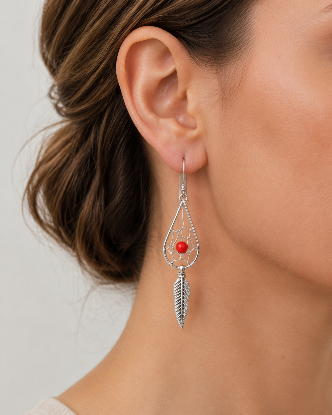 Red Coral Dreamcatcher Sterling Silver Dangle Earrings – 2 Inch Teardrop Feather Earrings