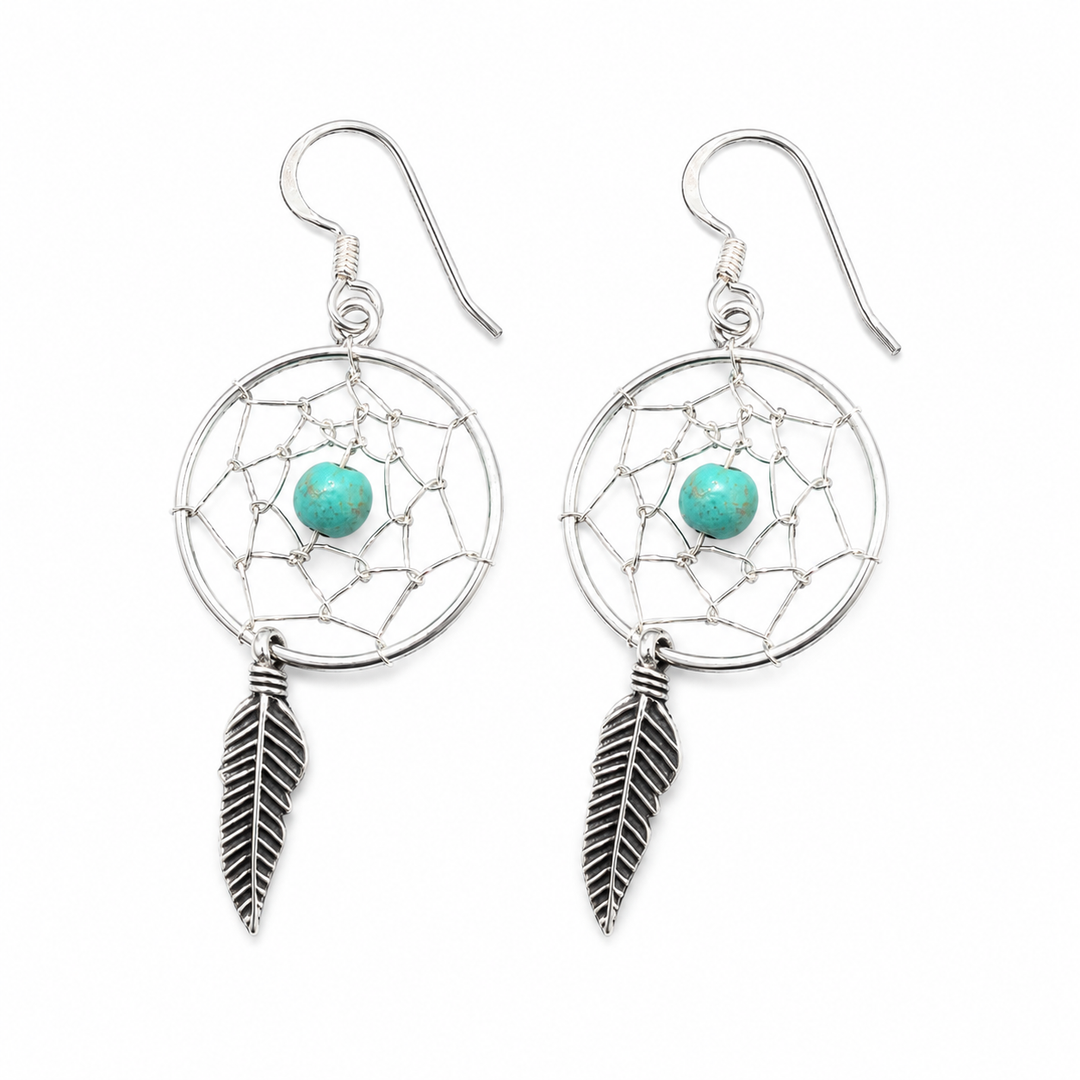 Simulated Turquoise Dreamcatcher Sterling Silver Dangle Earrings – 1.75 Inch Round Feather Earrings