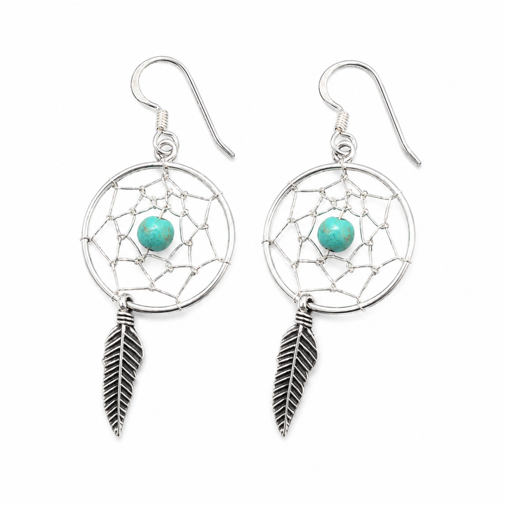 Simulated Turquoise Dreamcatcher Sterling Silver Dangle Earrings – 1.75 Inch Round Feather Earrings