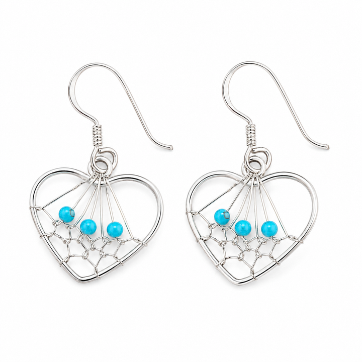 Simulated Turquoise Heart Dreamcatcher Sterling Silver Dangle Earrings – 1 Inch