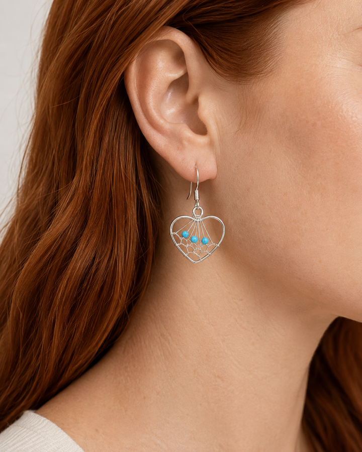 Simulated Turquoise Heart Dreamcatcher Sterling Silver Dangle Earrings – 1 Inch