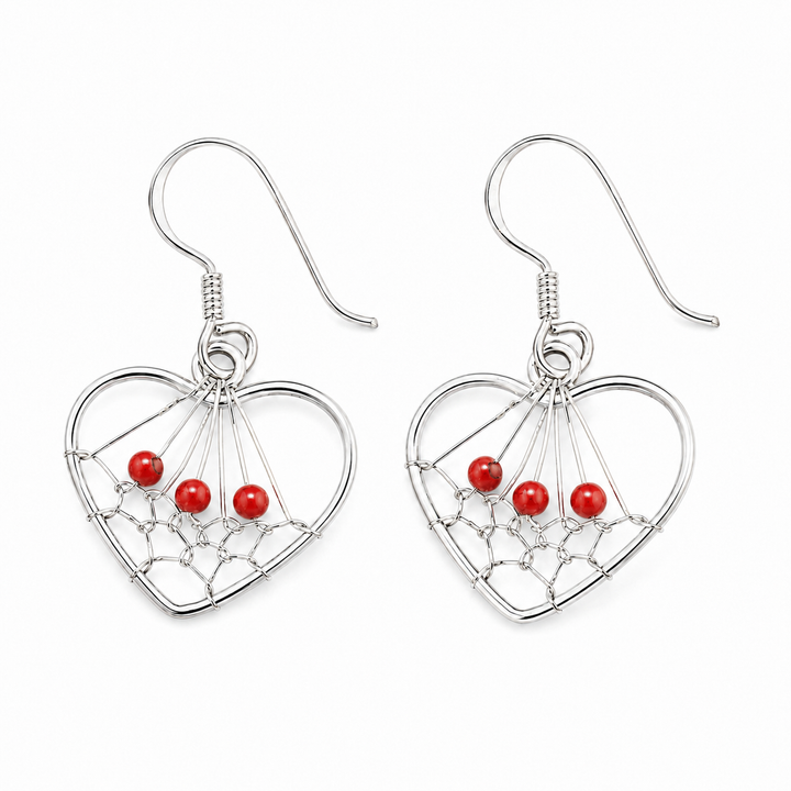 Simulated Red Coral Heart Dreamcatcher Sterling Silver Dangle Earrings – 1 Inch