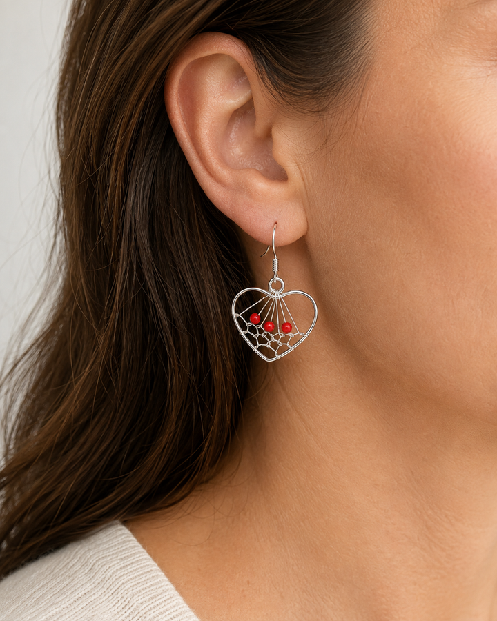 Simulated Red Coral Heart Dreamcatcher Sterling Silver Dangle Earrings – 1 Inch
