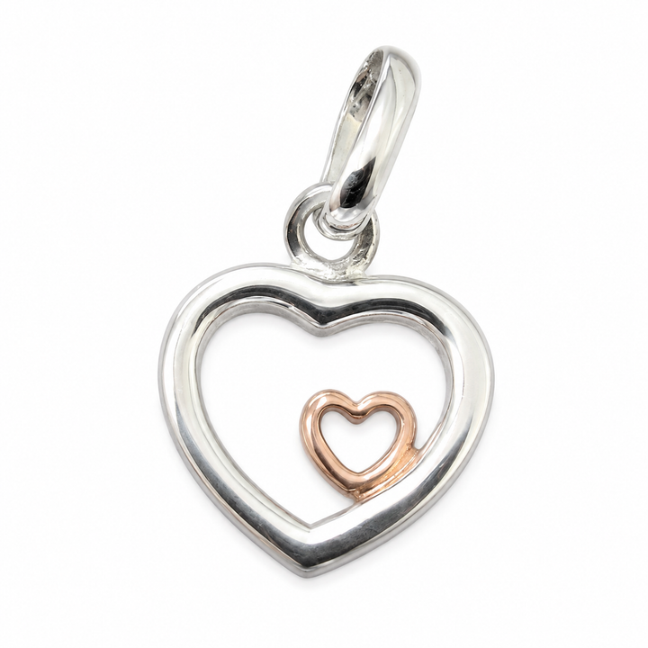 Sterling Silver Double Heart Pendant with 14K Rose Gold Heart Accent – 0.7 Inch Drop, Pendant Only
