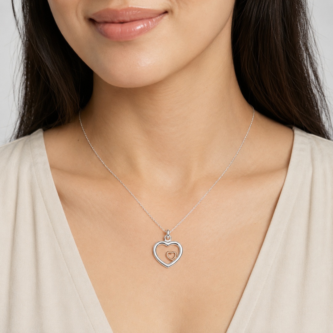 Sterling Silver Double Heart Pendant with 14K Rose Gold Heart Accent – 0.7 Inch Drop, Pendant Only