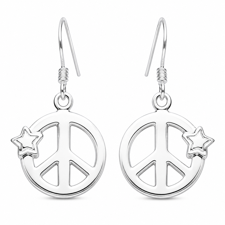 Sterling Silver Peace Sign and Star Dangle Earrings – 1 Inch Drop French Wire Earrings