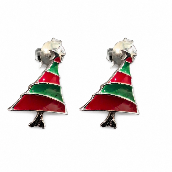 Sterling Silver Red and Green Enamel Christmas Tree Post Drop Earrings