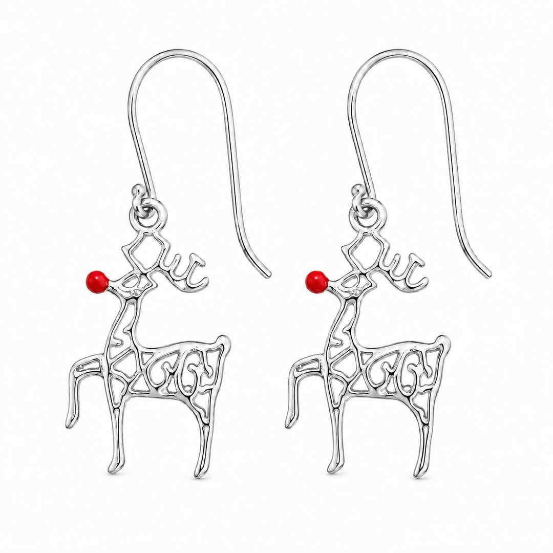 Sterling Silver Rudolph Red-Nose Reindeer Dangle Earrings – 0.75 Inch