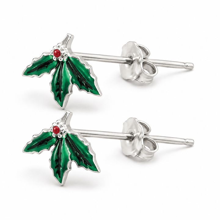 0.4 Inch Sterling Silver Green Enamel Holly Leaf Christmas Stud Earrings