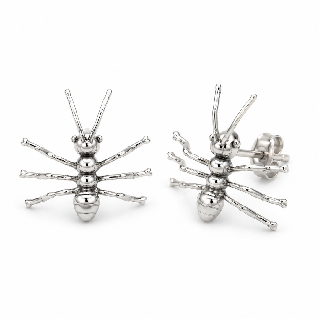 Sterling Silver Ant Stud Earrings – 0.75-Inch Insect Post Earrings with Butterfly Backs