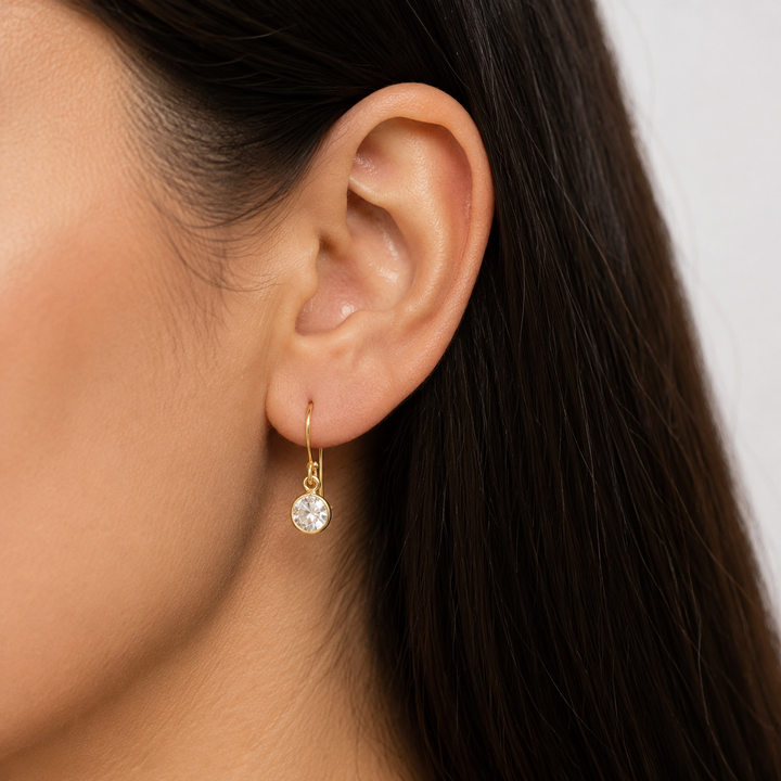 14K Gold Over Sterling Silver Diamond Simulant Drop Earrings – 0.8-Inch Round Bezel Dangles