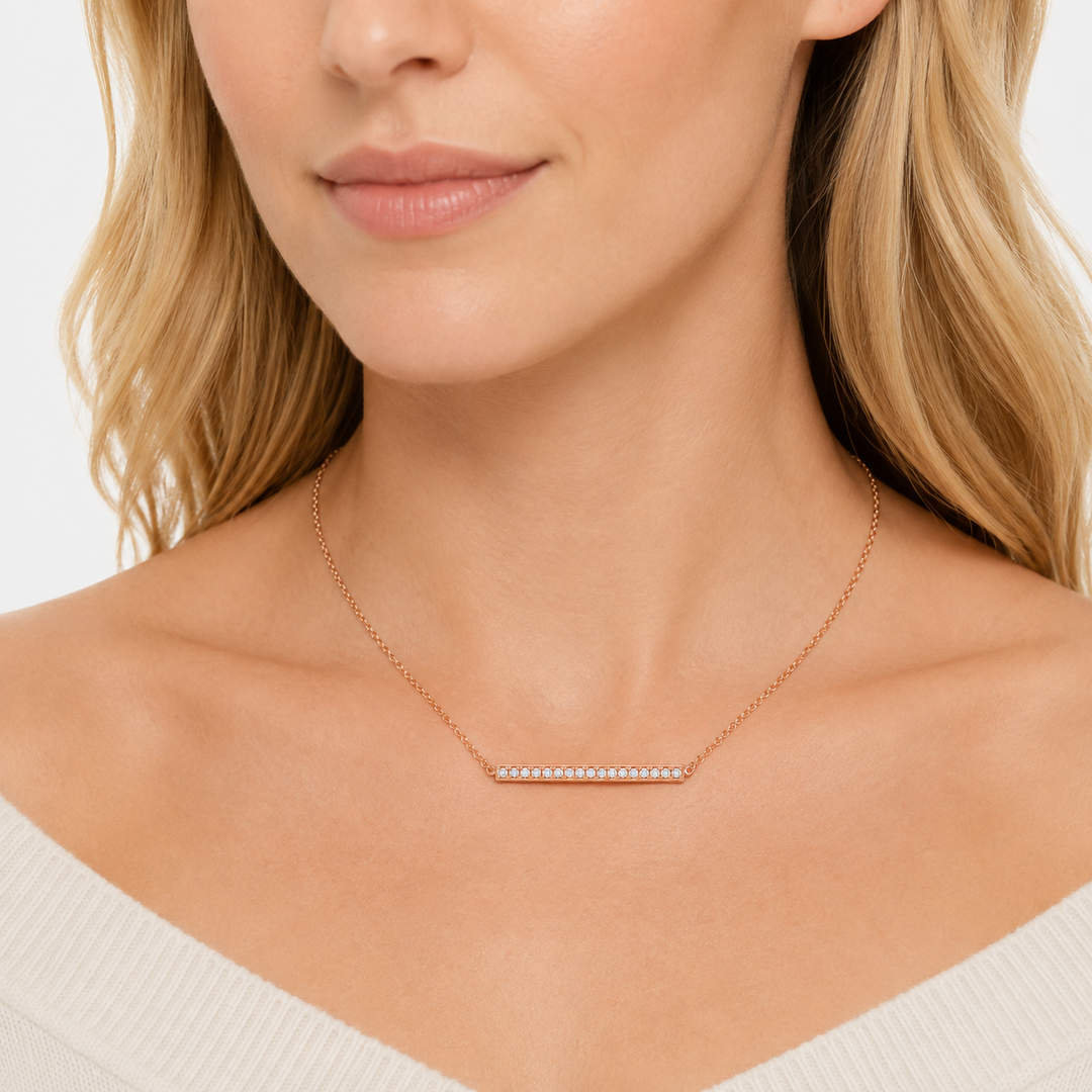 Rose Gold Over Sterling Silver Diamond Simulant Bar Necklace – 17-Inch Chain with 1.4-Inch Extension