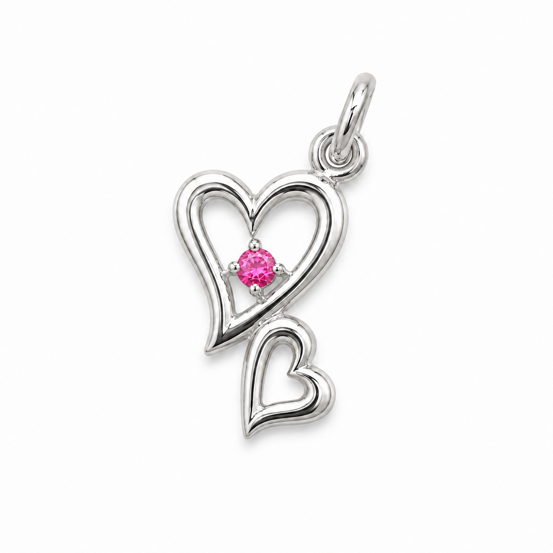 Double Heart Pink Gemstone Sterling Silver Pendant – 1 Inch Open Heart Love Necklace Charm
