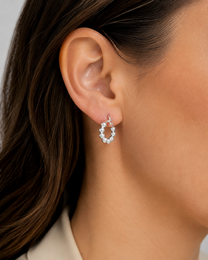 Sterling Silver Beaded Hoop Earrings – 0.55 Inch Small Polished Silver Ball Hoops