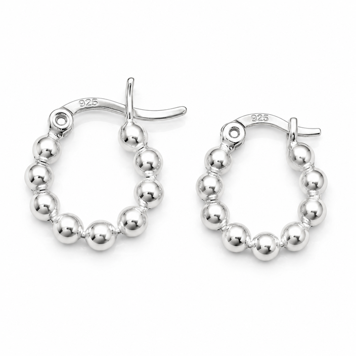 Sterling Silver Beaded Hoop Earrings – 0.55 Inch Small Polished Silver Ball Hoops
