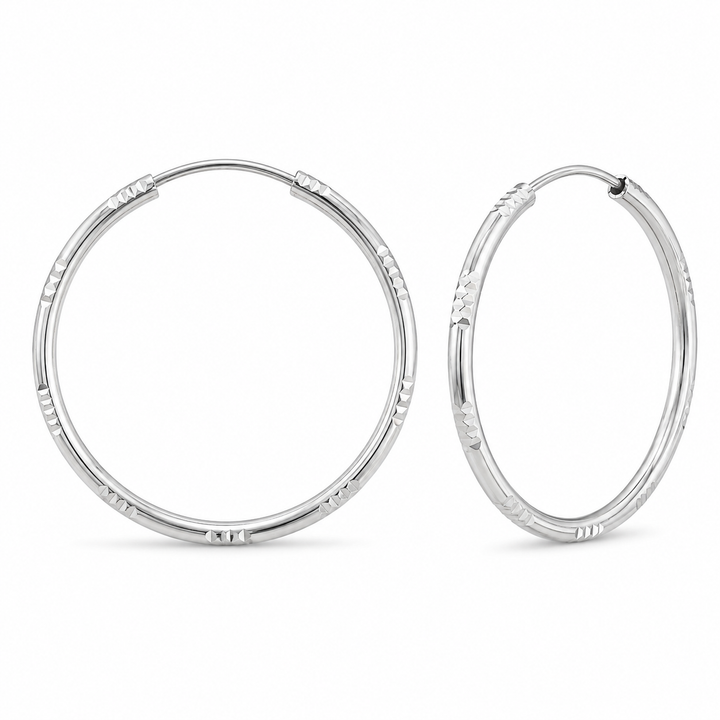 Sterling Silver Diamond-Cut Hoop Earrings – 1.4 Inch Polished Textured Round Hoops