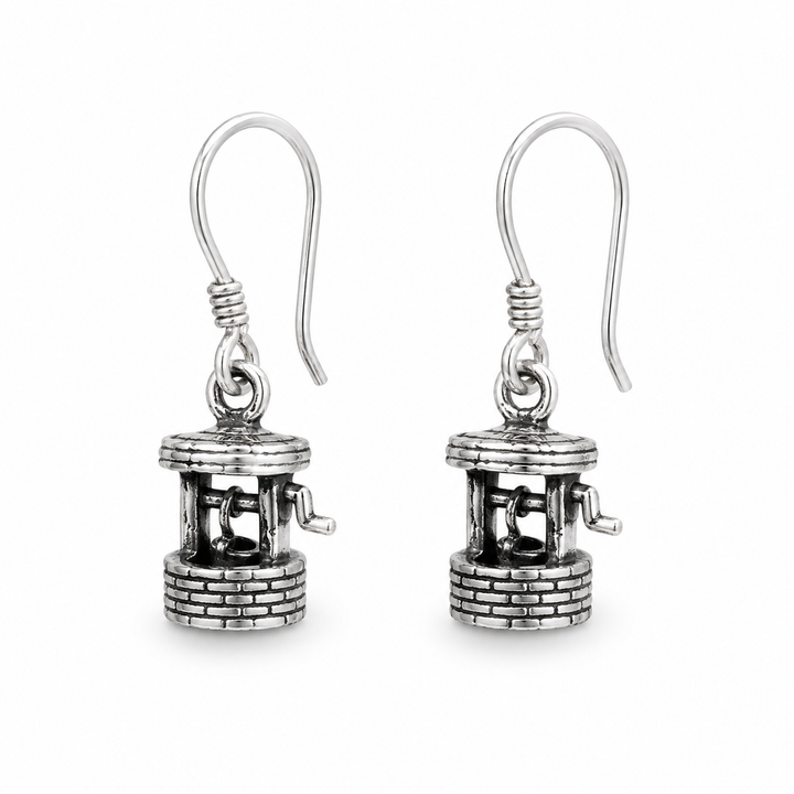 Sterling Silver Wishing Well Earrings – 0.6 Inch Miniature Good Luck Dangle Earrings